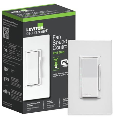 Leviton Decora Smart Fan Speed Controller, Wi-Fi 2nd Gen, Neutral Wire Required, Works with My Leviton, Alexa, Google Assistant, Apple Home/Siri & Wired or Wire-Free 3-Way, D24SF-1RW, White
