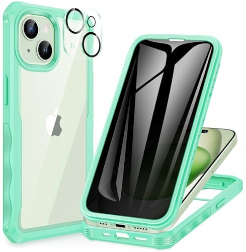 CENHUFO Anti Espion Coque iPhone 15 Plus, avec Protection écran Verre Trempé Anti Espion et Protecteur Caméra [9H HD] 360° Antichoc Téléphone Housse Double Face Case Portable Intégrale Etui - Vert