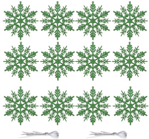 10CM Glitter Snowflake Decorations, 12 Pieces Hanging Ornaments for Christmas Tree Xmas Home Décor, Christmas Party Supplies, Green