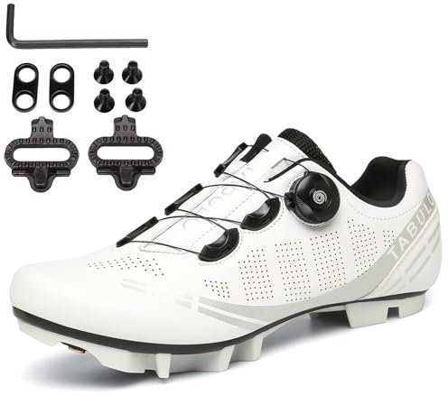 PENXZT MTB Cycling Shoes for Mens MTB Shoes Compatible with SPD 2 Bolts Pedals with Cleats, Mountain Bike Shoes for Outdoor,White,10 UK