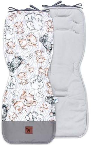Pepi Beidseitig Sitzauflage Kinderwagen 33 x 85 cm - Sitzauflage Buggy 100% Baumwolle - Kinderwagen Einlage 6 Löcher für Sicherheitsgurte - Kinderwagen Sitzauflage Grauer Samtsafari