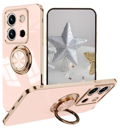 UPLAI Case for Xiaomi Redmi Note 13 5G, Ultra Thin Shockproof Electroplating Design Cover with Ring Holder, Soft TPU Silicone Bumper Cover.Pink