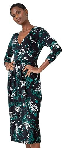 Roman Stretchy Dress for Women UK Ladies Pockets Gathered Waist Ruched Chest Midi Holiday Spring Summer V Neckline Evening Vacation Work Party Going Out Soft - Green White Black - Size 10
