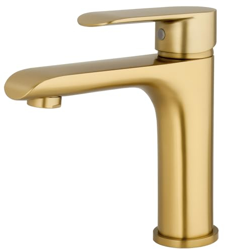 VALAZ Grifo Lavabo Dorado Cepillado Protección PVD | Grifo Monomando Lavabo, Mezclador Agua Fría y Caliente, Ahorro de Agua | Instalación Facil y Rápida | Latón, Inoxidable, Oro Mate, Serie Turia