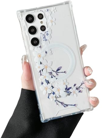 DEFBSC Magnetisch Hülle für Samsung Galaxy S23 Ultra Kompatibel mit MagSafe, Transparent Florale Blumen Muster Design Hart PC Rückseite Dünne Kratzfestes Schutzhülle - Weiße Birnenblüte