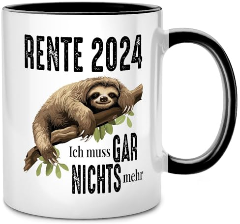 Seness Rente 2024 Ich muss gar nichts nichts mehr, Tasse mit Spruch Faultier, Ruhestand Geschenk für Anfänger, Rentner Geschenk Mann Frau, Rente Geschenke (Schwarz)