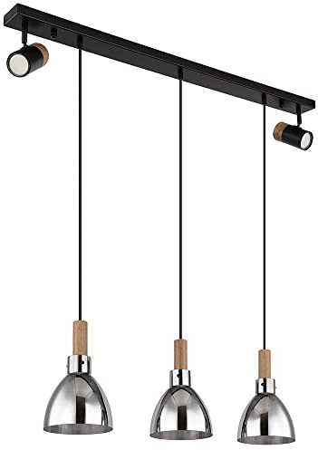Pendellampe schwarz Hängeleuchte modern Esstischlampe, 5-flammig Spots schwenkbar Holzoptik, Metall Glas, rauch, GU10/E27 Fassung, LxBxH 95x16x120 cm