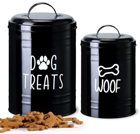 NIXBYO Dog Treat Container Airtight Set of 2 - 9x5.5''&7x4'' Metal Dog Cookie Jar for Kitchen Counter, Modern/Minimalist Black Pet Treat Storage Container