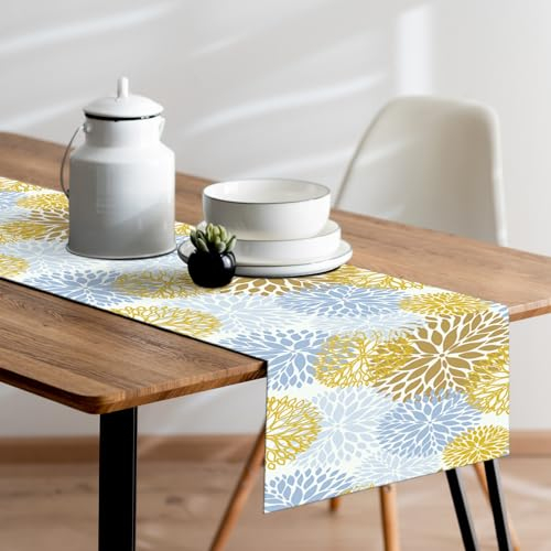Alricc Moderner Kunst-Tischläufer, 33 x 178 cm, gelb-grau, Tischläufer mit Dahlie, Pinnata-Blume, Tischläufer, Dekoration für Küche, Esszimmer, Party, Couchtisch