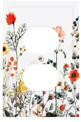 Dekorative Vintage-Blumenkunst, 1-Gang-Duplex-Steckdose, Wandplatte, Jumbo, bunt, ländliches grünes Blatt, Wildblumenblüten, Kräuterausgang, Dekorator, Lichtschalter, Steckdosenabdeckung