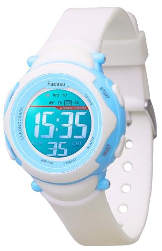 Facasu Kinderuhr Digital für Mädchen Jungen, wasserdichte,Bunt Light,Outdoor Sport Uhren, Einfaches Ablesen Einstellen der Uhrzeit mit Stoppwatch Alarm für Kinder im Alter von 4–15 Jahren (Weiß)