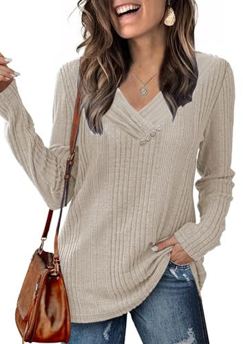 Famulily Women's V Neck Tunic Tops Long Sleeve Button Jumpers Lightweight Sweatshirt for Leggings Casual Autumn Ladies Pullover Beige M