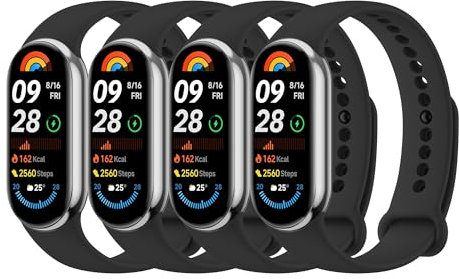 Amzpas 4Stück Armband für Xiaomi Smart Band 9/10/8 Armband Damen Herren,Neues Silikon Sport Ersatzarmbänder Uhrenarmband für Xiaomi Mi Band 10/9/8(Schwarz/Schwarz/Schwarz/Schwarz)