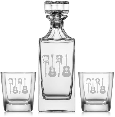 Whiskey Decanter Gift Set With 2 Whiskey Old Fashioned Rocks Glasses Guitars