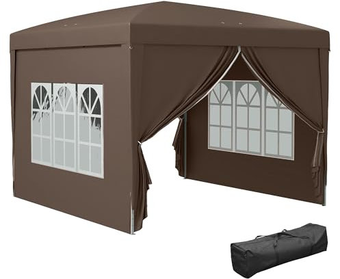 Outsunny Carpa Plegable Pop-up Gazebo 3x3 m Cenador Plegable con 4 Paredes Laterales Anti-UV y Bolsa de Transporte para Camping Fiestas Café