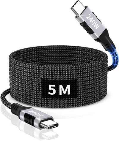 ziwodiv Cable USB C 5M, 240W Carga rápida USB Tipo C Cable, Largo Cable USB a USB C para iPhone 15/16 Pro Max, Samsung Galaxy S24/S23/S22, Pixel, Macbook Pro/Air, Switch, iPad Pro/Air