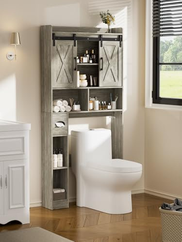 FiveWillowise Over Toilet Storage Unit, Bathroom Storage Cabinet with Sliding Barn Door, Space Saving Over Toilet Shelf Unit with Adjustable Open Shelves, Bathroom and Laundry Room Cabinet Furniture