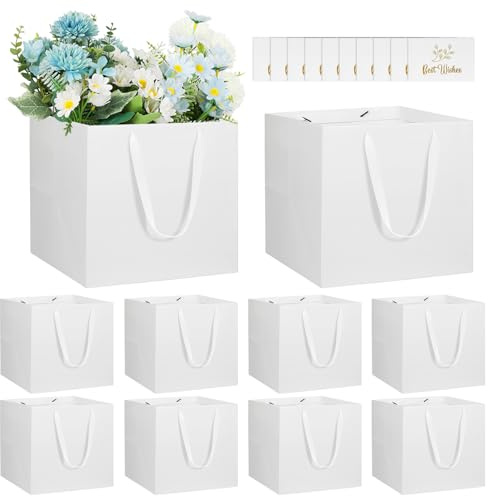 NAHRMY 10 Stück Weiß Geschenktüte Papiertüten, Quadratische Geschenktüten Geschenk Tüten aus Papier für Abschlussfeier Geburtstag Hochzeit Weihnachten Party 20 x 20 x 20 cm