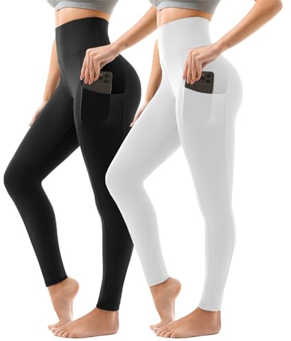 Sanpetix Sport Leggings Damen High Waist, Sporthose Damen Lang Mit Taschen Für Gym Yoga 2er Pack LXL Schwarz/Weiß
