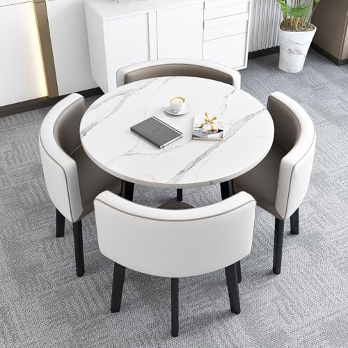 Rund Esstisch mit 4 Stühlen Esstisch Holz Küchentisch Runder Konferenztisch 1 Tisch und 4 Stühle, Runder Couchtisch für 4 Personen, Runder Verkaufstisch, für Küche Esszimmer,Grey