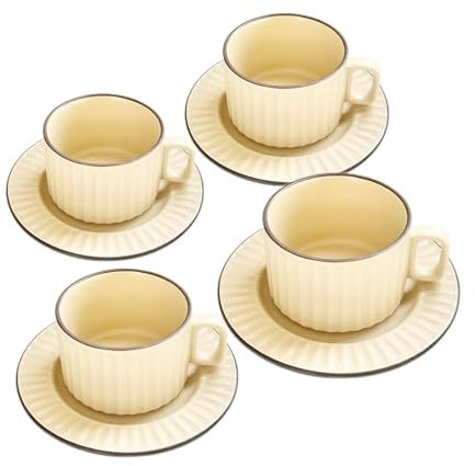 XingXingShunShun Cappuccino Cups with Saucers, 8 oz Ceramic Vertical Stripe Coffee Cup and Saucer set for Au Lait, Double shot, Latte, Cafe Mocha, Set of 4