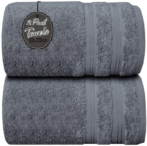 Wholesale Trade Dealz Pack of 1 & 2 Extra Large Jumbo Bath Sheet 100 X 200cm 100% Egyptian Cotton Super Soft Quick Dry Body Wrap Beach Towels XL Bath Towels 600-GSM (2, Silver)