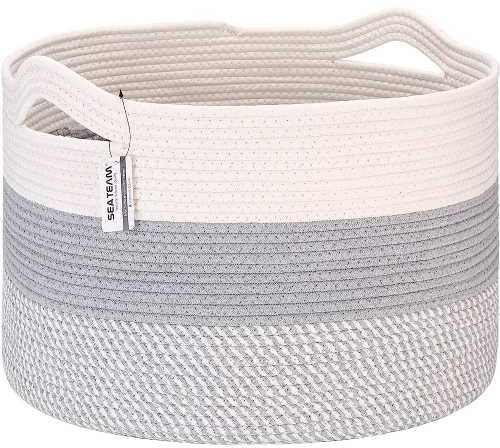 Sea Team XXL Extra großer gewebter Wäschekorb mit Griffen - Stabiler Korb für Kleidung, Handtücher, Spielzeug - leicht tragebar, Grau