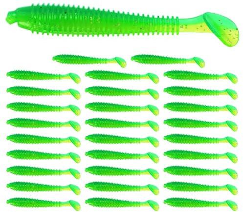 TIXIPEM 30-Pack T-Tail Soft Fishing Lures 2.56, Grass Green