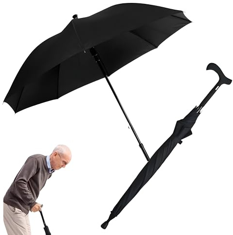 2-In-1 Walking Stick Umbrella – Heavy-Duty Windproof Frame with Cane Handle – Lightweight Hiking & Climbing Support – Outdoors Sunshade Black 104cm Canopy