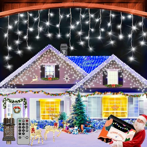 XURISEN 20M 640 LED Weihnachts Eisregen Lichterkette Kaltweiß 4-5-7 Eiszapfen Timer 8 Modi IP44 Wasserdicht für Dachrinne Fassade Terrasse