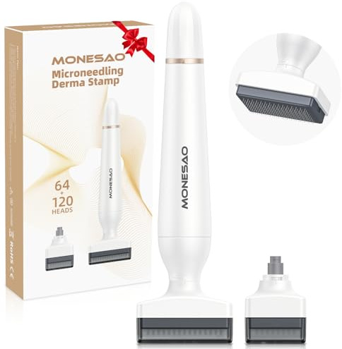 Derma Stamp, MONESAO Microneedling Stempel für Haut Gesicht Haar Kopfhaut Bart, Microneedle Dermastamp Werkzeug mit 2 Ersatzköpfen, Mikro-Needling Stempel Kit für Frauen und Männer