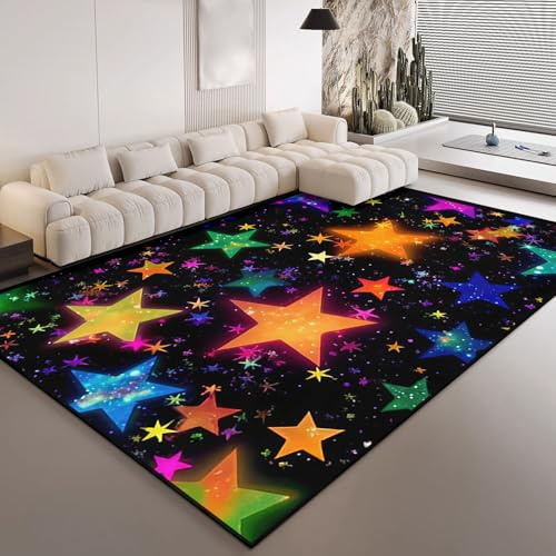 HOSIMA Bunter Teppich Mit Fünfzackigem Stern-Aufdruck,Weiche,rutschfeste Unterseite,Kurze Teppiche für Kinderzimmer,Schlafzimmer,rutschfeste Bodenmatte,Kurzflorige,Flauschige Matte(120 * 160)