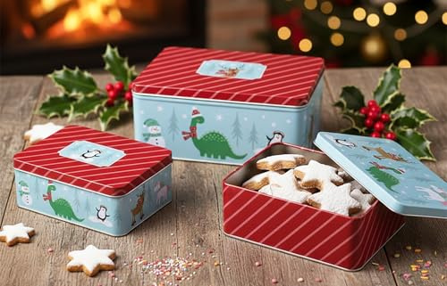 KAMACA 3 er SET Keksdosen Plätzchendose aus Metall mit Deckel rund praktisch Winter Advent Weihnachten für Plätzchen Kekse Gebäck langlebige Aufbewahrung (3er Set Gebäckdose Kinder)
