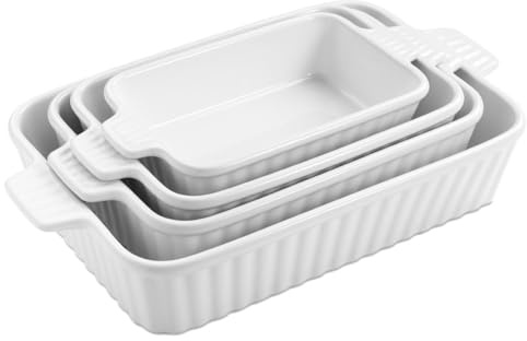 WishDeco Lot de 4 Plats à Four en Céramique, Plat à Gratin avec Poignées Rectangulaire Blanc, Idéal pour Tartes, Gratins, Gâteaux et Lasagnes, Résistant au Four