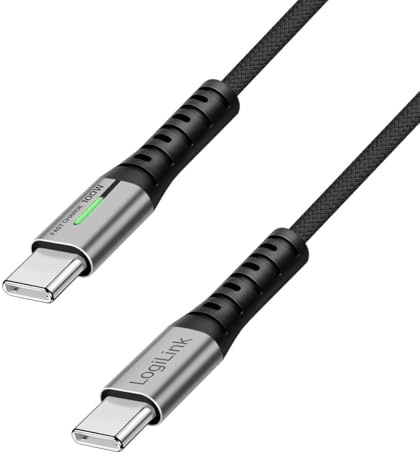 Logilink USB Typ-C Anschlusskabel (Stecker-Stecker), Nylon, E-Mark chip, 480 Mbit/s, 100W, LED, Länge: 0,5 m