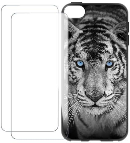 UOGNADGD Displayschutz und Hülle für iPod Touch 7 - Tiger | 4 2-in-1-Bundle, bedruckte TPU-Hülle + 2er-Pack gehärtete Glasfolie, stoßfestes Schutz-Kit