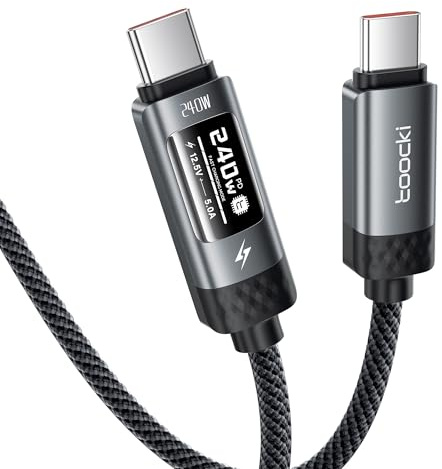 toocki Cable USB-C a USB-C 240W 1M Rápida con Pantalla OLED Nailón Trenzado | PD3.1 Carga Rapida Tipo-C, Pantalla Voltaje Inteligente para iPhone 17 Pro Max/Samsung S25/MacBook, Ideal Oficina/Casa, Negro