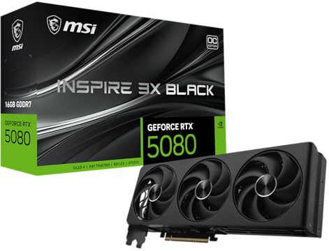 msi NVIDIA GeForce RTX 5080 16G Inspire 3X OC Black Scheda grafica 16GB GDDR7 (30 Gbps / 256 bit), raffreddamento a tripla ventola (3 x STORMFORCE Fan) - HDMI 2.1b, DisplayPort 2.1b, SFF Ready | 16 GB GDDR7 (30 GB/s, 256-bit), PCIe 5.0, tripla ventola (3 ventole STORMFORCE), HDMI 2.1b, DP 2.1b, SFF Ready