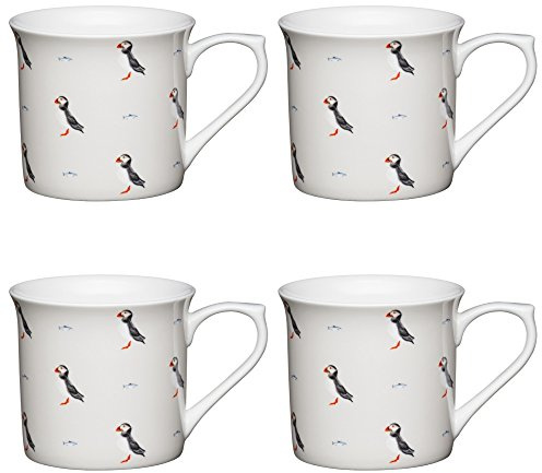 KitchenCraft Fine Bone China 'Puffin' Fluted Printed Bird Mugs, 300 ml - White/Grey (Set of 4)