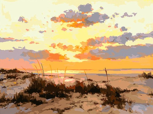 wowdecor Malen nach Zahlen Kits für Erwachsene Kinder, DIY Nummer Gemälde – Sonnenuntergang Abend Glow Querformat 40 x 50 cm Leinwandbild – New Prägung, Framed