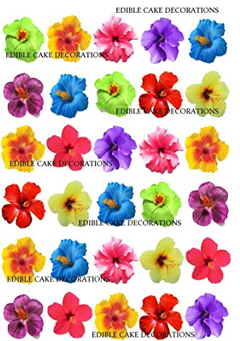30 x Hibiscus Flowers Hawaiian STAND UP Edible Paper Cupcake Toppers Cake Decorations