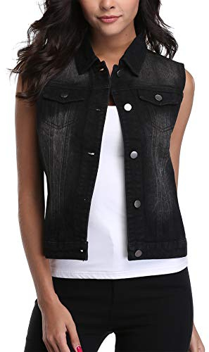 MISS MOLY Giubbotto Jeans Donna Gilet Denim Jeans Senza Maniche Giubbotto Giubbino Retro Medium Nero