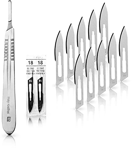 May Skalpell Set für Modellbau & 3D-Druck | Präzisionsmesser mit 10x scharfen Karbonstahl-Klingen (Fig. 18) & Edelstahl-Griff Nr. 4 | Bastelmesser für präzise Schnitte, Hobby & Handwerk