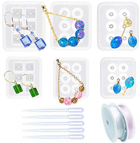 Woohome 6 Stück Schmuck Silikonform Gießform Resin Form Cube Square Oval Perlen Silikon Gießformen, 5 Stück Dropper und 2 Roll String für Edelstein Cabochon Schmuck Casting