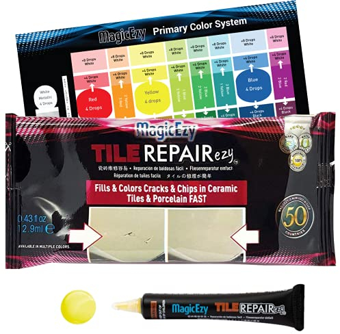 MagicEzy Tile RepairEzy (Yellow) - Ceramic Tile Chip Repair Filler - Porcelain Crack Repair Kit - Gap Filler - Tile Putty - Bathroom Floor Tiles, Counter Tops - Wall Touch Up Pen