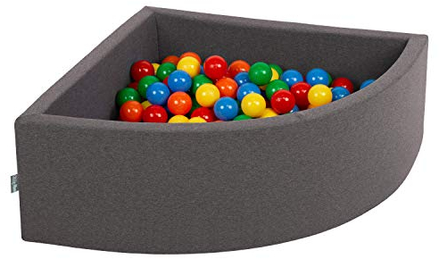 KiddyMoon Viertel Eckig Bällebad Bällepool 90X30cm/300 Bälle ∅ 7Cm Ballgruben Für Babys Spielbad Kleinkinder, Hergestellt In Der EU, Dunkelgrau:Gelb/Grün/Blau/Rot/Orange