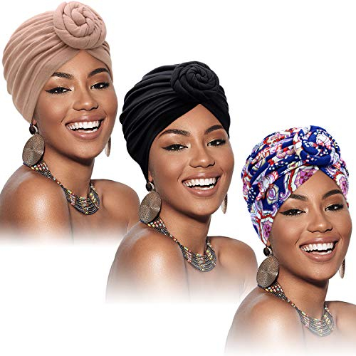 SATINIOR 3 Stücke Afrikanischen Turban für Damen Knoten Pre-Gebunden Motorhaube Hut Kopfbedeckung (Schwarze, Blaue Blume, Khaki)