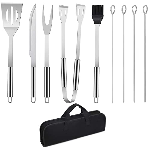 Set di Attrezzi per Barbecue, 9PCS Utensili Barbecue Kit, Posate Barbecue Grill Set di Attrezzi Barbecue Griglia di Cottura in Acciaio Inox con Pinza, Paletta, Spazzola per Grill, Spiedini, Forchetta