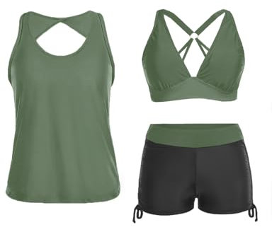 Yonique 3-teilige Tankini-Badeanzüge für Damen, Badeanzüge mit Jungen-Shorts und BH, athletische Bademode, Black & Army Green, Medium