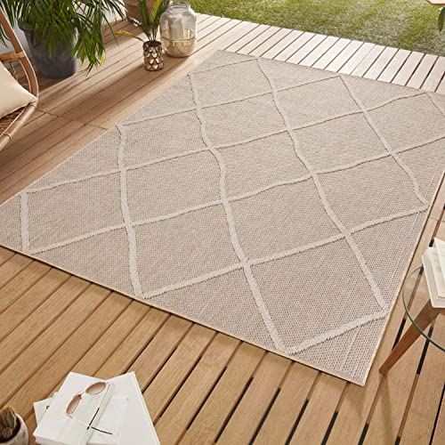 SIMPEX Outdoor Teppich, Boho Design, Teppich Beige, 140 x 200 cm, Teppich Boho-Stil, Küche, Balkon, Terrasse, Garten, Picknick
